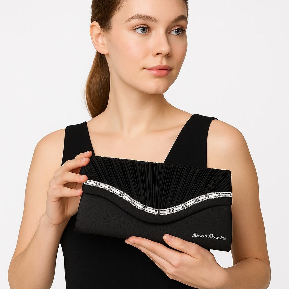 Lauren Lorraine Black Pleated Evening Clutch Purse Rhinestone Trim Missing Chain